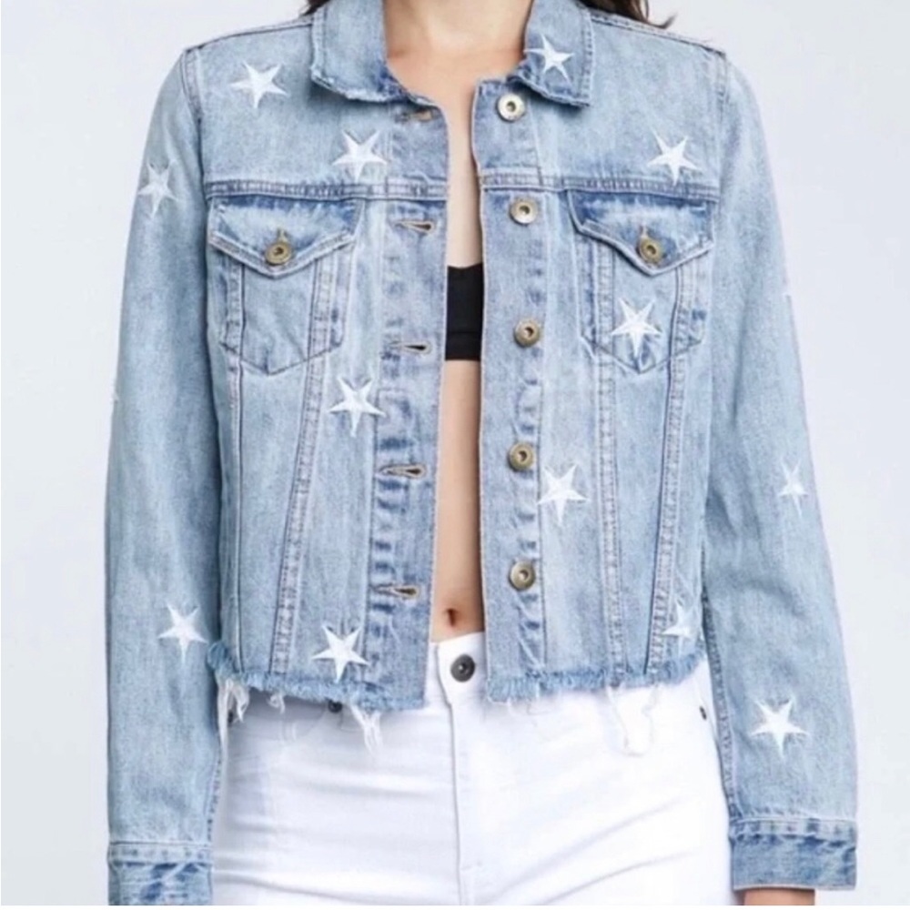 Eunina Raw Hem Embroidered Star Denim Jacket